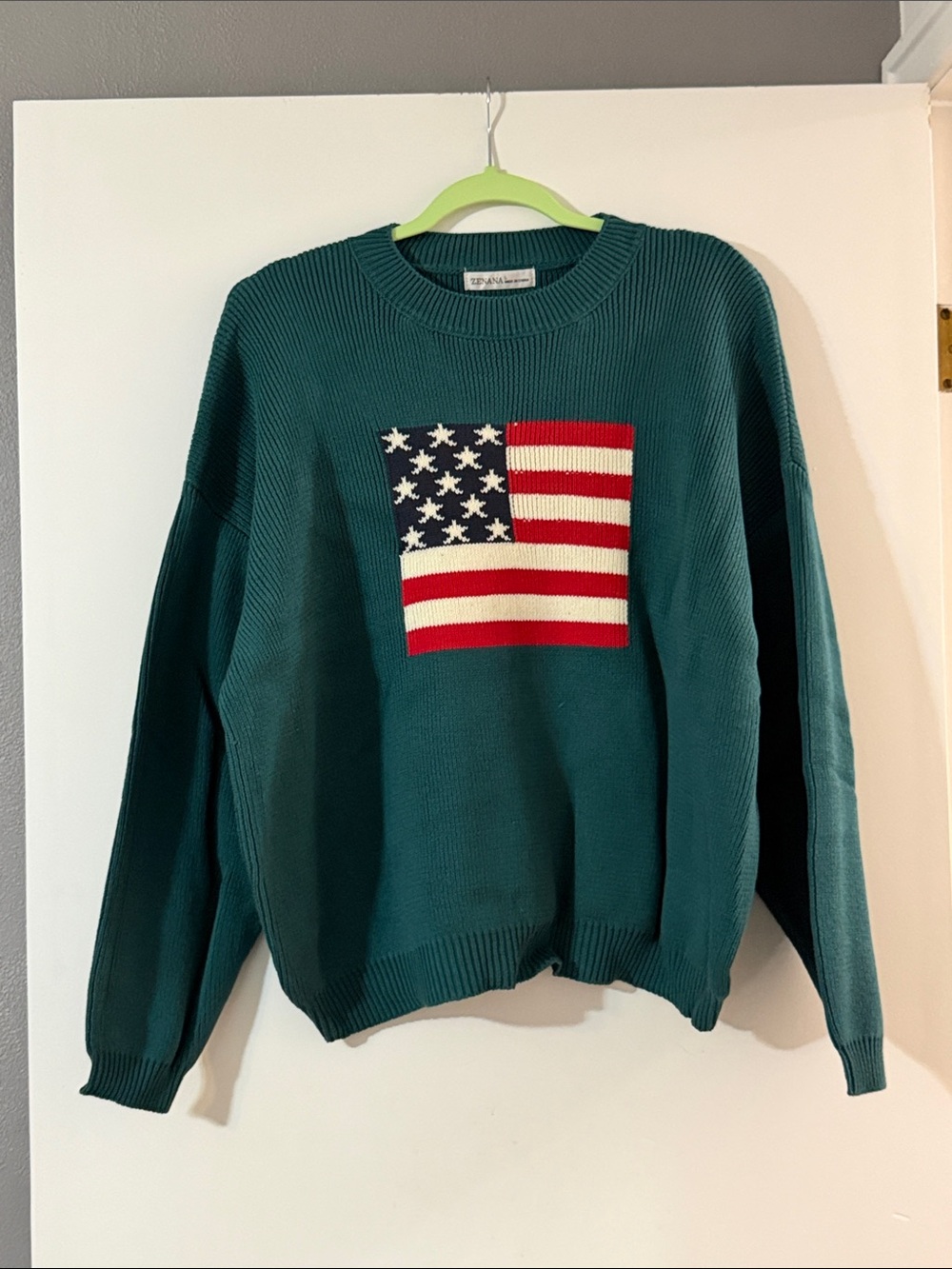 Zenana Outfitters Green Crewneck Sweater with Flag Motif